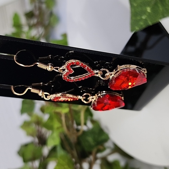 Gold with Red Crystal Double Heart Drop Earrings New - Picture 7 of 7
